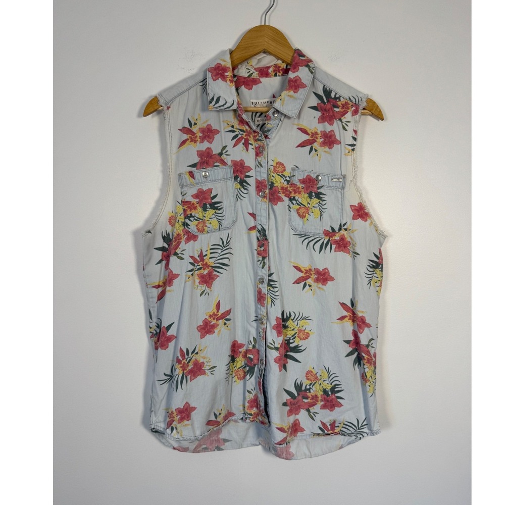 Tropical Floral Bullhead Denim‎ Co Large Sleeveless Shirt Light Blue Vest